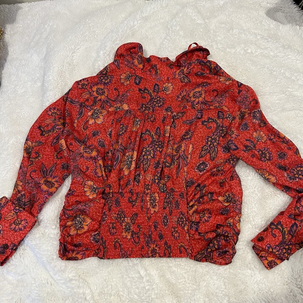 Free People Womens Sz M Floral Long Sleeve Orange Boho Indie Resort Core Summer - Picture 5 of 5